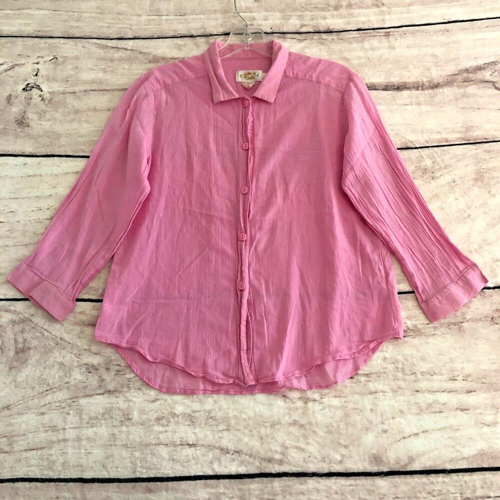 Jams World Top Medium Womens Pink Cotton Button Up Shirt 3/4 Sleeve Hawaii USA